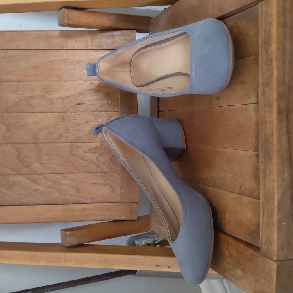 Blue Suede Block Heel Pumps